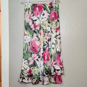 Briggs New York Skirt Petite Medium Floral‎ Pink Black White Long Layered Ruffle